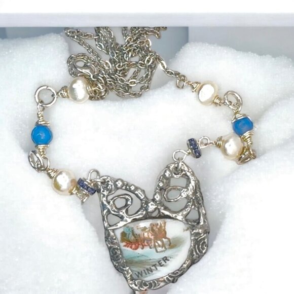 Courier & Ives Winter Pendant Necklace With Brutalist Glam Metalwork & Pearls - Picture 10 of 13